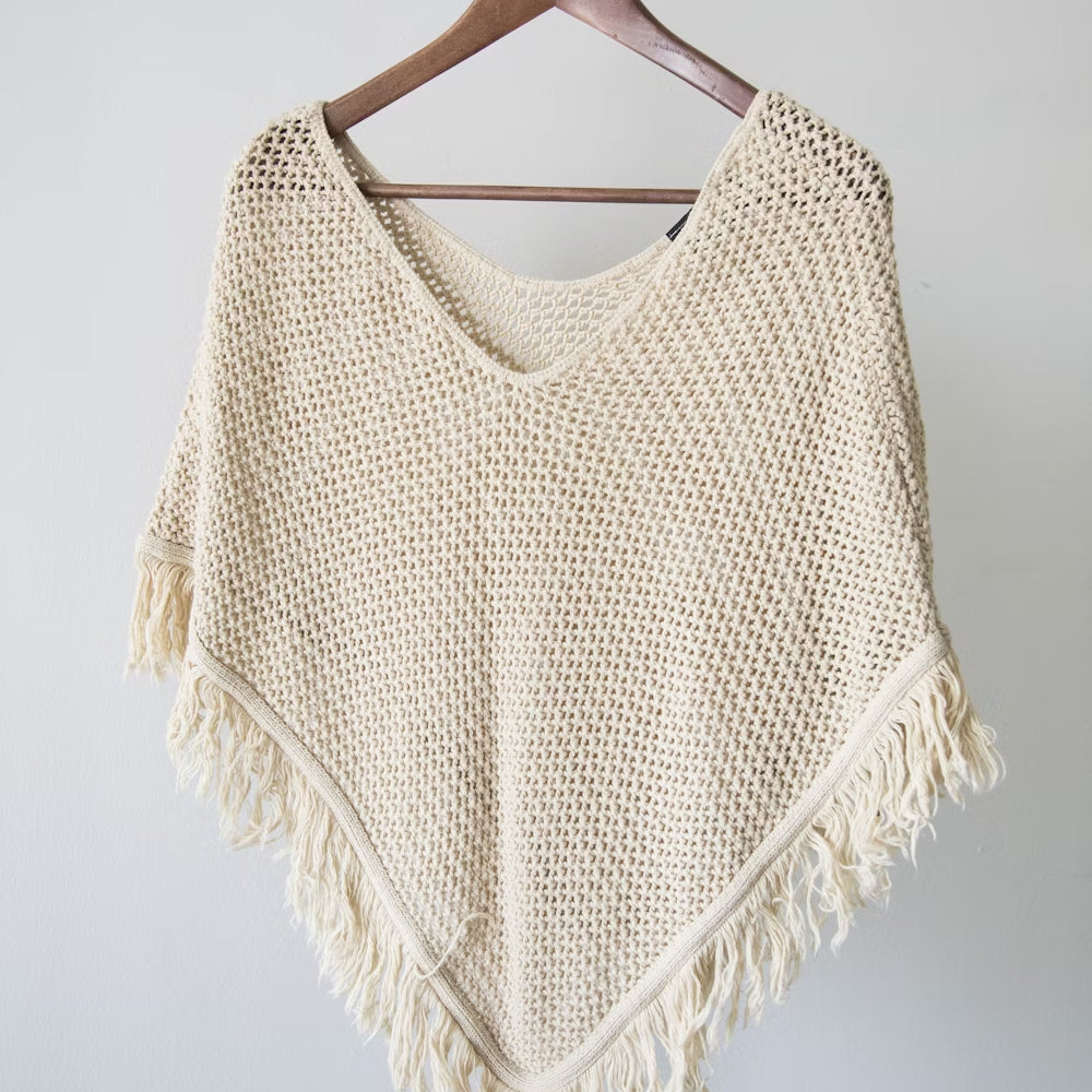 Handmade Knitted Fringe Poncho – Cream Cotton Weave