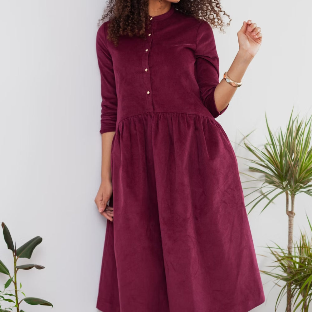 Elegant Wine Corduroy Midi Dress – Long Sleeve Button Front