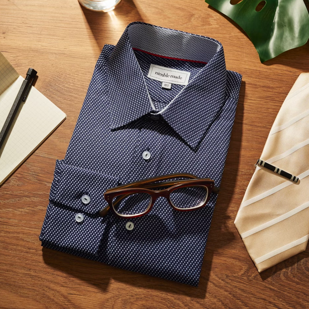 Men’s Slim Fit Navy Blue Dress Shirt – Micro Dot Pattern