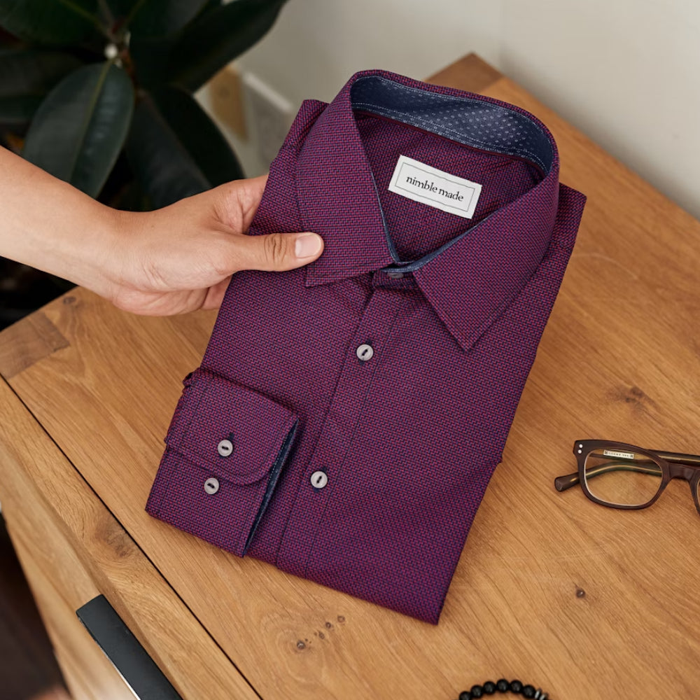 Men’s Slim Fit Burgundy Dress Shirt – Textured Weave Design
